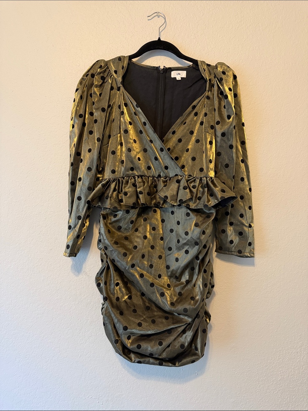 LPA Ailisa Dress in Gold & Black Polka Dot Mini Dress - Picture 2 of 8